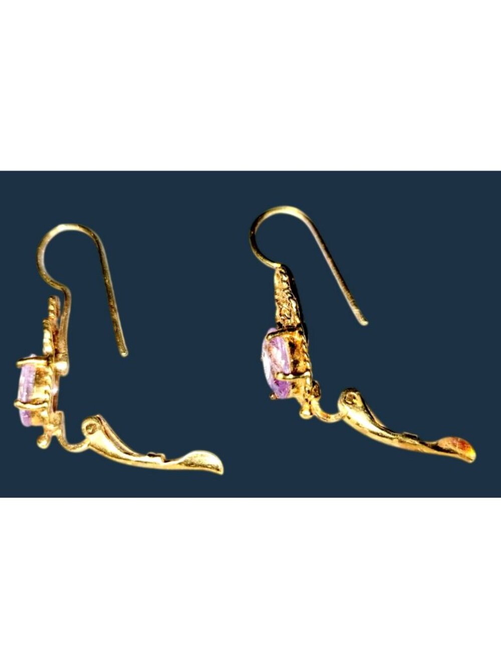Vintage Yellow Gold Dangle Earrings Oval Lilac Amethyst Stone Filigree Design - Picture 6 of 8